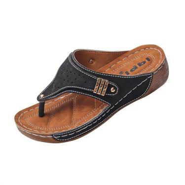 Imagem de Sandálias femininas de cunha perfurada com acabamento em metal, chinelos confortáveis para primavera, Preto, 34