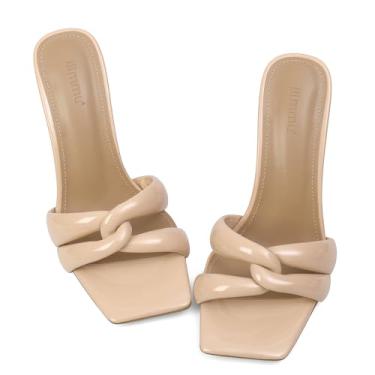 Imagem de iiimmu Salto Mule Heels 8,5 cm stiletto com bico quadrado sandálias de salto entrelaçadas em forma de tiras, Bege - Patente falsa, 35