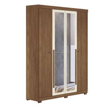 Imagem de Guarda Roupa Casal Ripado 4 Portas Buriti com Espelho e Pés Jatobá Areia Acetinado - Santos Andirá
