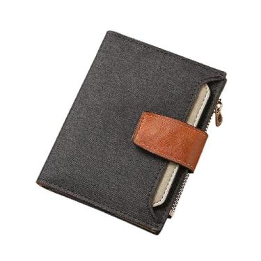Imagem de Carteira curta masculina de lona - organizador de 16 compartimentos para cartão com bolso com zíper, durável, 12 x 10 cm (preto, azul, cinza), Preto, Retrô
