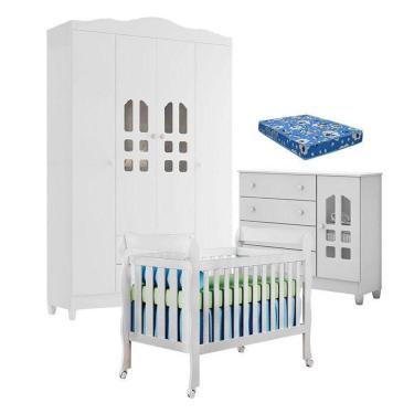 Imagem de Quarto De Bebê New Selena 4 Portas Com Berço Lila E Cômoda Selena Branco Brilho E Colchão Ortobom – Carolina Móveis