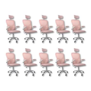 Imagem de Kit 10 Cadeiras De Escritório Diretor Oficial Vegas Com Apoio Rosa E Branco