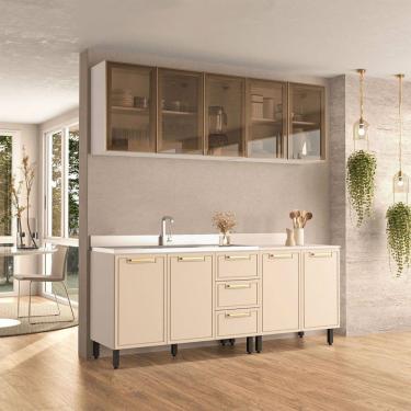Imagem de Cozinha Compacta Amara 9 Portas 3 Gavetas com Vidro 40250789 Creme/Branco - Politorno