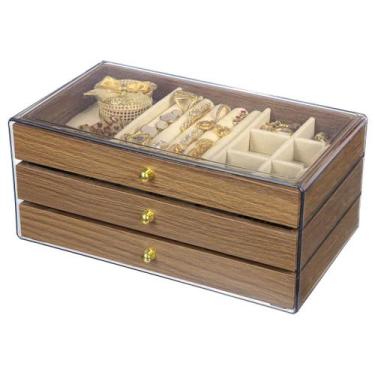 Imagem de Porta Joias Madeira Caixa Organizadora 3 Gavetas Bijuterias Anéis Cola