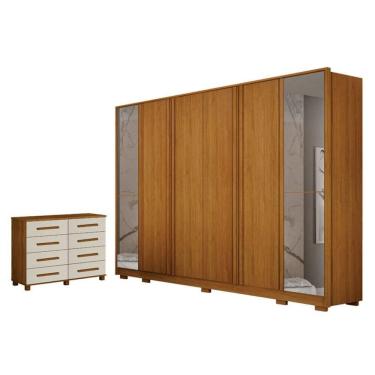 Imagem de Guarda Roupa Casal Ares 6 Portas Com Espelho Cinamomo Com Cômoda San Marino 8 Gavetas C...