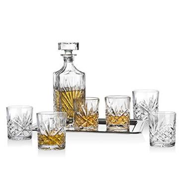 Imagem de Conjunto de bar de uísque da Dublin – Inclui decantador de uísque, 6 copos de copos antigos e bandeja espelhada para exibição