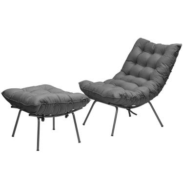 Imagem de Poltrona Costela Adão Ferro Puff Estrutura Preto Para Sala Moderna Decorativa Veludo Cinza