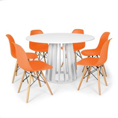 Imagem de Conjunto Mesa de Jantar Redonda Talia Branca 120cm com 6 Cadeiras Eames Eiffel - Laranja