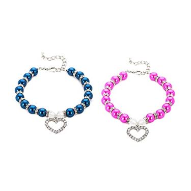 Imagem de Colar de coleira para gato e cachorro 2 peças colar de pérolas coleira para animais de estimação com pingente, tamanho pequeno e médio gato e cachorro ajustável suprimentos para foto de animais de estimação