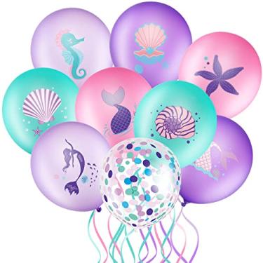 Imagem de Conjunto de balões de festa de sereia, tema sob o mar, balões de festa de aniversário, decoração de sereia oceano, roxo, rosa, verde, balão de confete de látex para crianças, meninas, meninos, aniversário, princesa, artigos de festa 36 peças