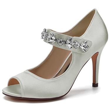 Imagem de Sapatos de casamento de noiva de cetim feminino escarpins peep toe com strass salto agulha alto marfim sapatos sociais 35-43,Silver,8 UK/41 EU