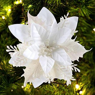 Imagem de FurRain Decorações de flores artificiais de poinsétia de Natal, 14 cm, guirlandas de árvore de Natal, 12 peças, decoração de palhetas de flores com glitter para Natal, Ano Novo, enfeites de festa de