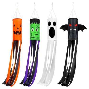 Imagem de Whaline 4 peças de bandeira de Halloween Windsock de 99 cm assustador com bandeira de desenho animado abóbora morcego fantasma monstro para decoração de casa, quintal, jardim, árvore de festa