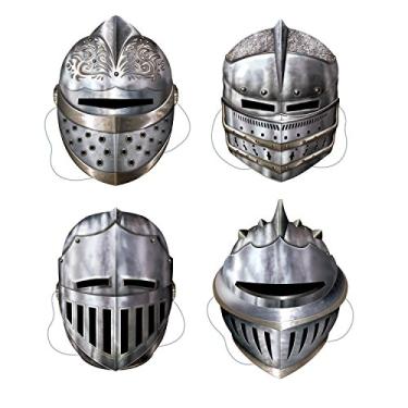 Imagem de Beistle 4 peças de máscaras de cavaleiro medieval de papel com acessórios de fantasia de Halloween, 30,5 cm a 33,6 cm, prata/preto