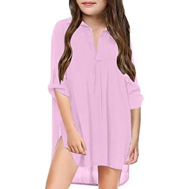 Imagem de Saída de praia infantil para meninas pequenas camisa de chiffon biquíni roupa de praia banho infantil vestido de manga longa (rosa, 12-13 anos)