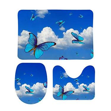 Imagem de Top Carpenter Conjunto de 3 peças de tapetes de banheiro antiderrapantes borboletas brilhantes voando no céu azul tapete de contorno macio + tampa de vaso sanitário + tapete de banheiro decoração de banheiro