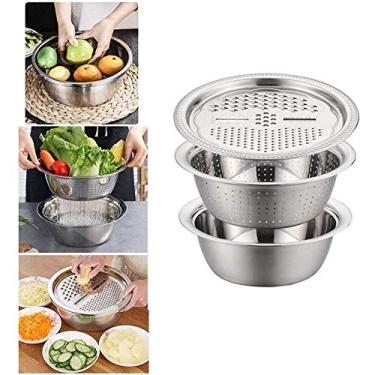 Imagem de bacia multifuncional de aço inoxidável com ralador cortador de vegetais com cesto de drenagem 3 em 1 cozinha multiuso ralador julienne
