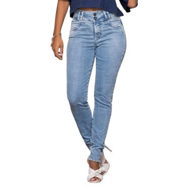 Imagem de Calça jeans feminina cigarrete cintura alta -azul claro