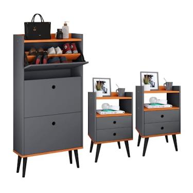 Imagem de Conjunto Sapateira Vertical 3 Gavetas Basculantes Organizadoras Dark e Kit 2 Mesinhas Canto Quarto Modernas Nicho Decorativo Dream RPM (Cinza/Cinamomo)