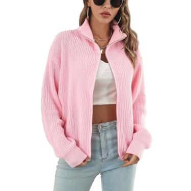 Imagem de Cardigã feminino com gola alta, pulôver com zíper, suéter de malha casual, casaco de malha, rosa, M