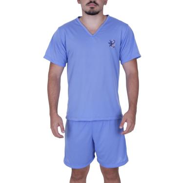 Imagem de Pijama Masculino Curto Adulto Verão Terra e Mar Camisa Manga Curta Gola V Short Azul  unissex