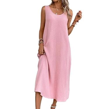 Imagem de Camisa Feminina Solid Tank Casual Sleeveless Scoop Neck Long Dress (Color : Baby Pink, Size : CH)