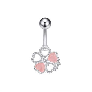 Imagem de Anel de umbigo pendurado aço cirúrgico CZ barra pétala rosa piercing de barriga joia retentor corporal 14G (1,6 mm), Metal, Zircônia cúbica