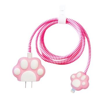 Imagem de ZOSTLAND Chritmas Cute Pink Cat Paw 5 em 1 DIY 18W 20W protetor de dados cabo USB carregador fone de ouvido protetor de fio organizador compatível com iPhone 11 12 13 14 15 Pro Max (garra rosa)