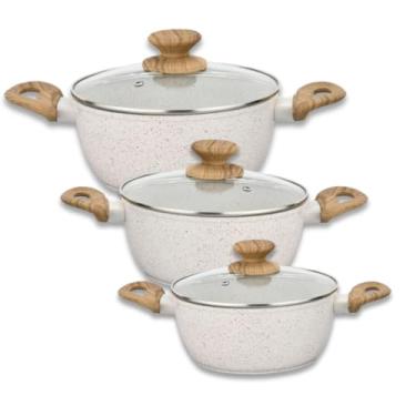 Imagem de Jogo Panelas Caçarolas Indução 3 Peças Antiaderente Cerâmica Resistente Cozinha Completa (Bege)