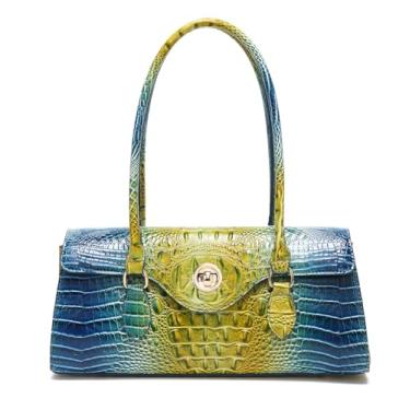Imagem de Makcr Joacbv Bolsa feminina de couro com alça superior com estampa de crocodilo de alto valor, Azul colorido e amarelo, 11.9