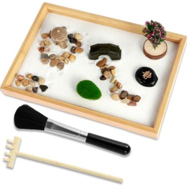 Imagem de Kit de jardim zen, kit de jardim zen japonês, conjunto de areia zen faça você mesmo, mini decoração zen de mesa, jardim engraçado meditação areia zen, bonsai artificial bandeja de areia zen kit de jog