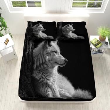 Imagem de Eojctoy Jogo de cama queen size - 4 peças - lençol com estampa de lobo animal - 100% microfibra escovada lençol com elástico 40,6 cm bolso extra profundo - lençol preto macio respirável