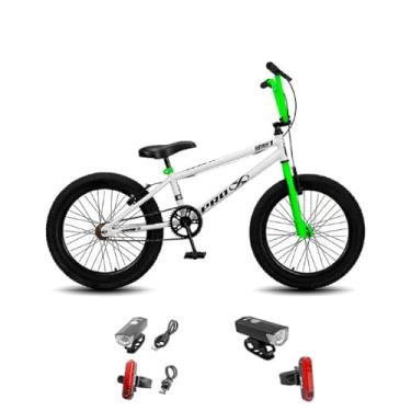Imagem de Bicicleta Aro 20 BMX Infantil PRO X S1 FreeStyle VBrake com Kit farol GTA 120 Lm e Sinalizador Traseiro Recarregável MTB,Branco Verde