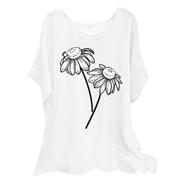 Imagem de 2024 Camisas de linho grandes para mulheres, gola redonda, estampa floral, boêmio, confortável, camisas soltas de manga curta, Branco, M