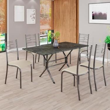 Imagem de Conjunto Sala de Jantar Mesa Retangular 140x75cm Tampo Pedra Ardósia Indiana 6 Cadeiras Paraty Creme/Mart Prata