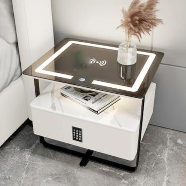 Imagem de Mesa de cabeceira, mesa de cabeceira inteligente com estação de carregamento sem fio, mesa de cabeceira com luzes LED de 3 cores, senha digital, faixa USB, mesa lateral moderna de madeira para quarto,