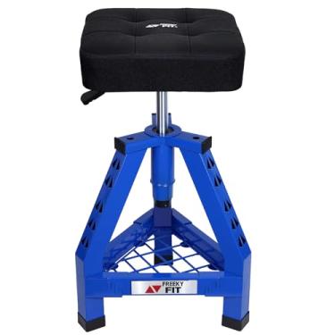 Imagem de FreekyFit Banco de loja ajustável, cadeira de mecânico de garagem, banco de trabalho para oficina, altura ajustável, assento quadrado acolchoado giratório de 360°, armazenamento de ferramentas,