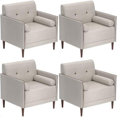 Imagem de Kit 4 Poltrona Sala de Estar Eloah Linho Gelo 8 Almofada Solta Pés Pal