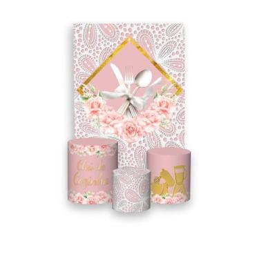 Imagem de Painel De Festa Vertical 1,50 x 2,20 + Trio De Capas Cilindro - Chá de