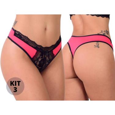 Imagem de Kit 3 Calcinhas Tanga Sexy Fio Dental Cós De Renda em Microfibra - Vip