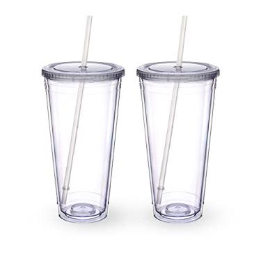 Imagem de Zukro Copo de acrílico transparente com canudo e tampa 940 ml, copo de café gelado de plástico reutilizável com parede dupla, para viagem, perfeito para festas, aniversários, cabe no porta-copos