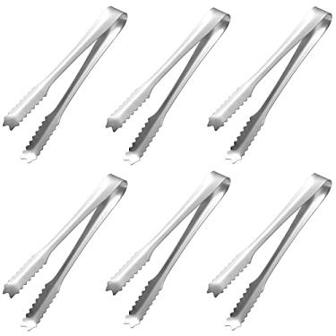 Imagem de 6 peças de pinças de gelo mini pinças de açúcar pinças de aço inoxidável para aperitivos para servir alimentos pinças de cubo de gelo pinças de cubo de açúcar pinças de churrasco clipe de pão suporte de clipe de chá com dentes (prata, 12,5 cm)