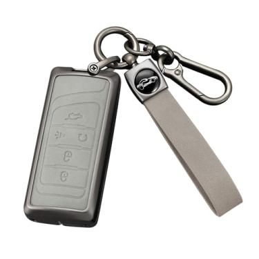 Imagem de HIBEYO Capa de chaveiro compatível com Trumpchi GS7 GS8 GM8 GS5 GA6 GM6 Acessórios Capa de chave de couro e liga de zinco adequada para Trumpchi GS7 com chaveiros-C Tipo Klaxon Cinza