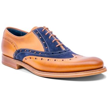 Imagem de BARKER Abingdon Sapato social masculino feito à mão de couro Brogue Oxford elegância atemporal e artesanato superior, Bezerro cedro/camurça azul-marinho, 44