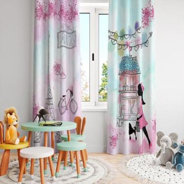 Imagem de Cortina Tecido Oxford Quarto Infantil Menina em Paris Aquarela  - 280x