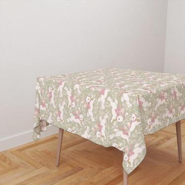 Imagem de Toalha De Mesa Quadrada 4 Lugares Tecido Oxford Coelhos Fita Rosa Flor