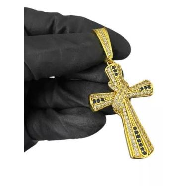 Imagem de Pingente Cruz Amarrada Cravejada Em Preto Banhado A Ouro 18k - ToJoia1