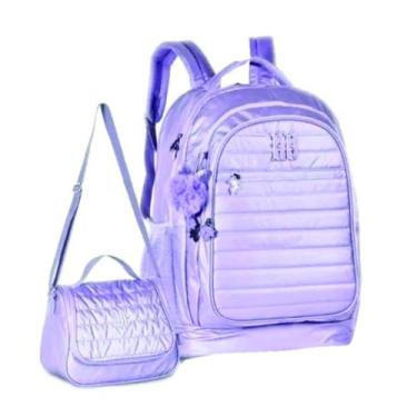 Imagem de Mochila Escolar Juvenil cOM Pompom Cat + Lancheira RB3204 - ELLO, lila