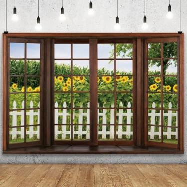 Imagem de YongFoto 2,1 x 1,5 m, cenário de janela de primavera, girassóis, jardim, cerca rústica, natureza, paisagem, fotografia, fundo, menina, mulher, festa de aniversário, chá de bebê, crianças, adultos,