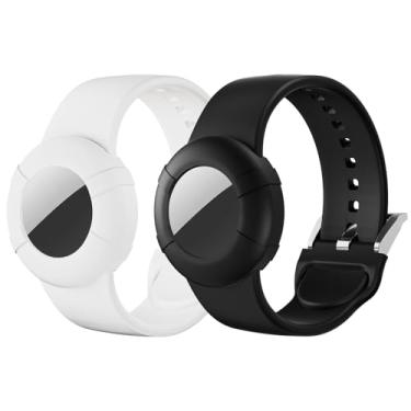 Imagem de Pacote com 2 pulseiras AirTag para adultos/crianças, de silicone macio, para adultos, suporte antiperda compatível com Apple Air Tag (P, preto + branco)